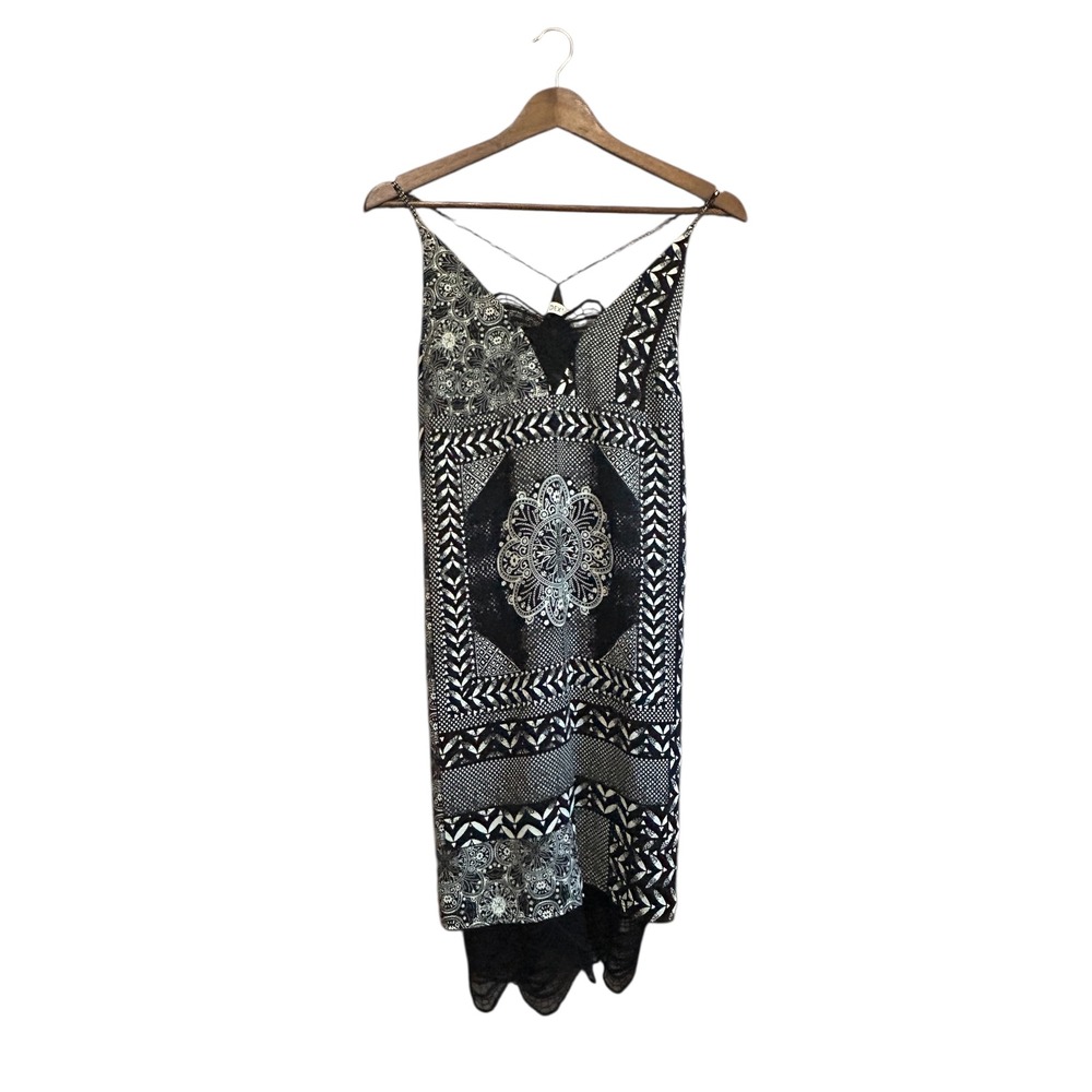 DEX Black White Geometric Patchwork Lace Trim Midi Slip Dress Women's Small‎